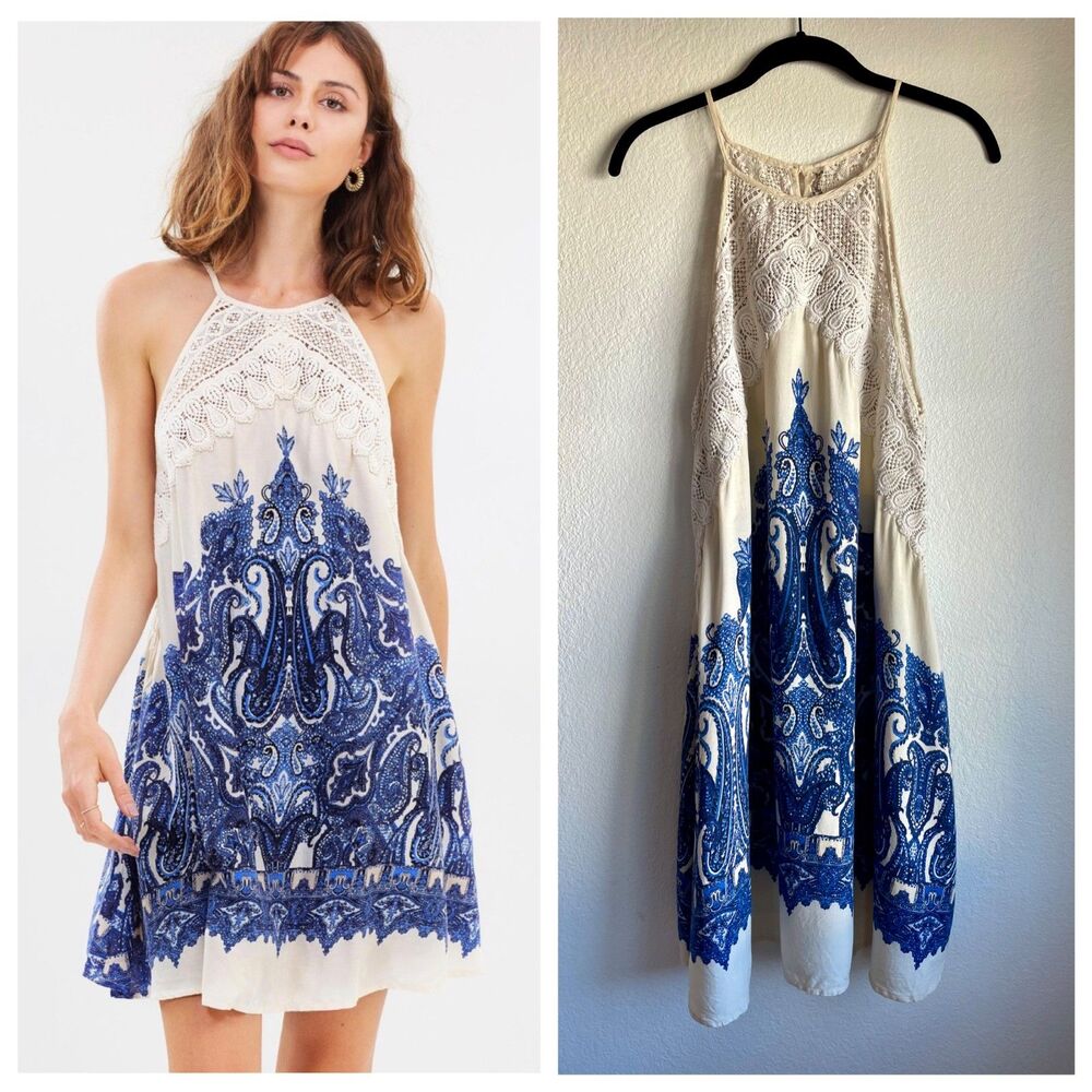 Free People Intimately Shea Printed Halter Mini Dress in White & Blue - Size M